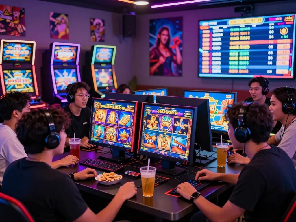 Teman-teman bermain permainan situs slot gacor di lounge permainan yang meriah dipenuhi dengan lampu neon dan kegembiraan.