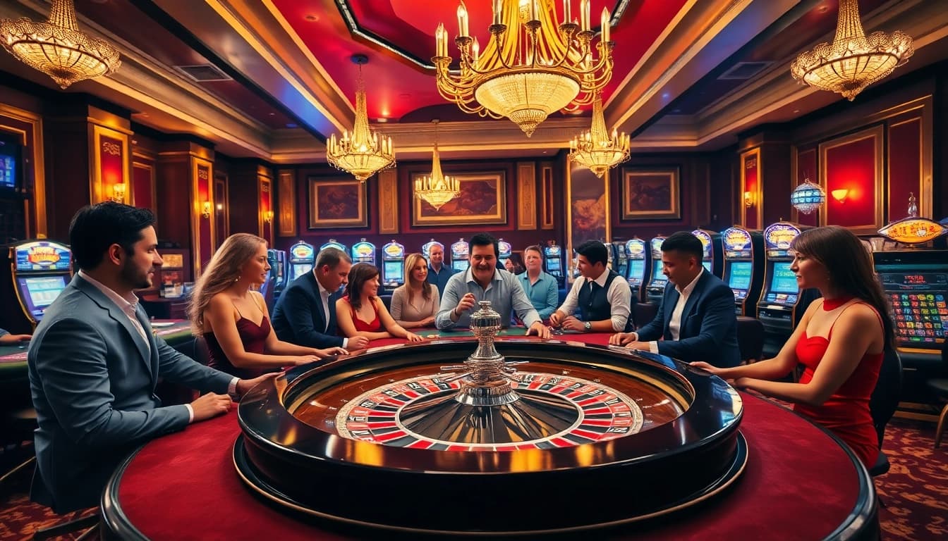 A luxurious casino scene at https://28bet.run/ featuring engaged players at a roulette table amidst an atmosphere of excitement.