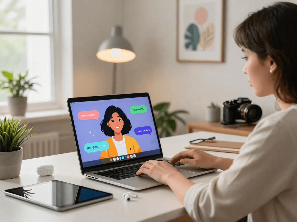 Engaging scene of a user communicating with a girlfriend AI on a laptop in a cozy home office setting.