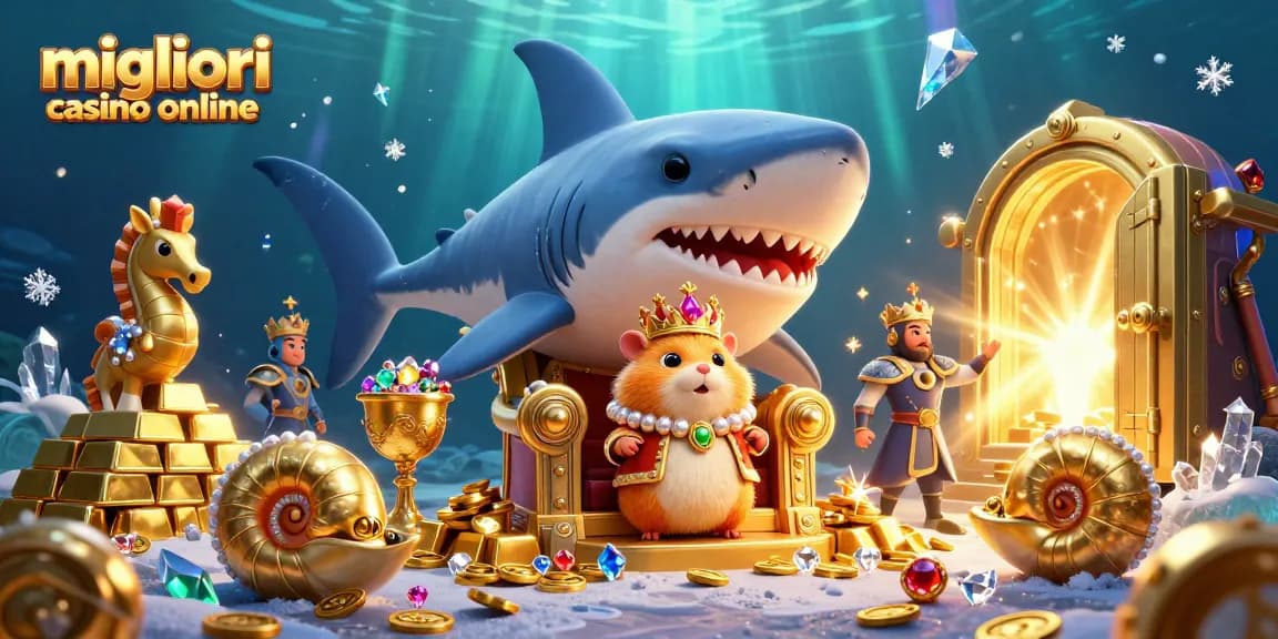 Migliori casino online: Gioca con il re dei criceti su un trono di denti di squalo circondato da tesori e gemme ricche.