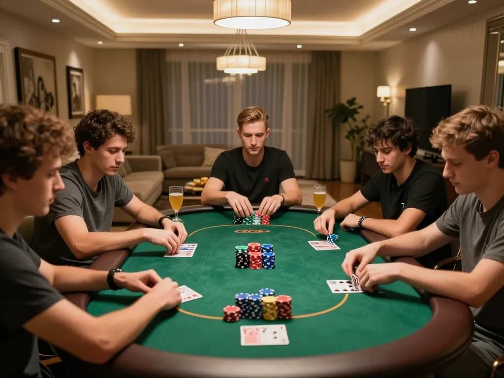 uu88 vip players strategizing their poker moves in a cozy home setting with snacks and drinks