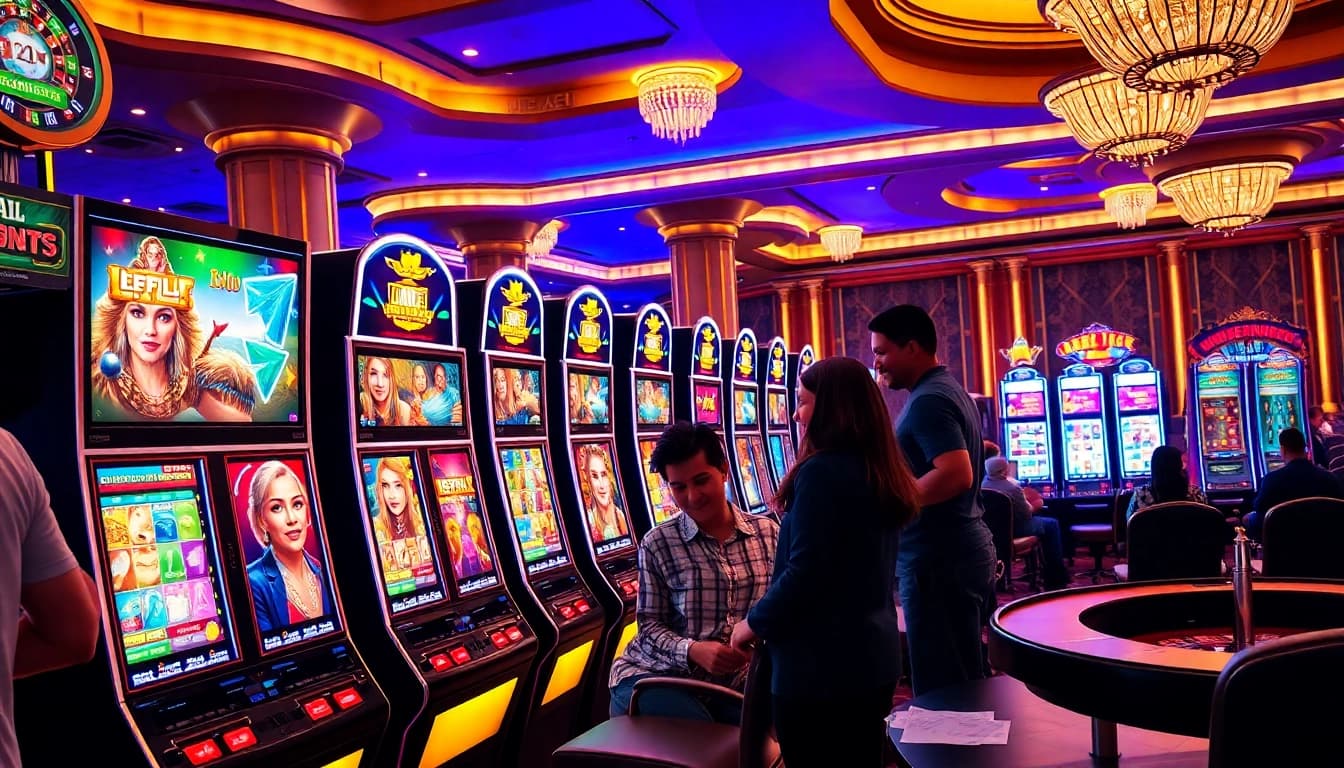 Gamblers enjoying exciting slot games in a luxurious casino environment filled with vibrant machines.