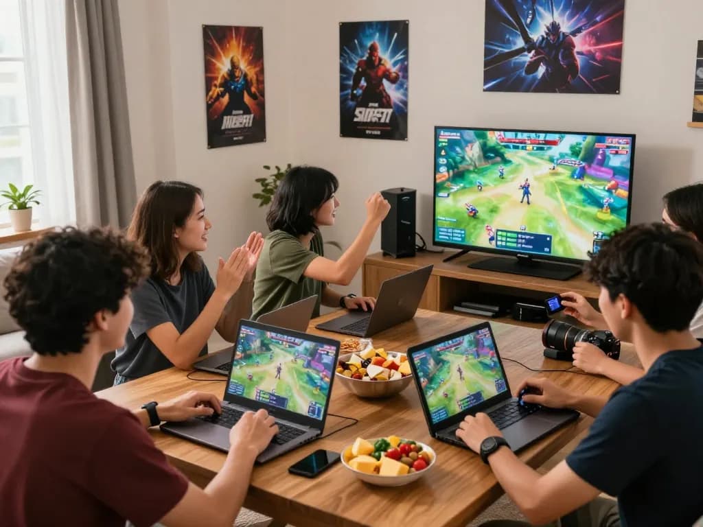 Exciting gaming scene at home with friends celebrating victories on vegasslot77, surrounded by gaming devices and snacks.