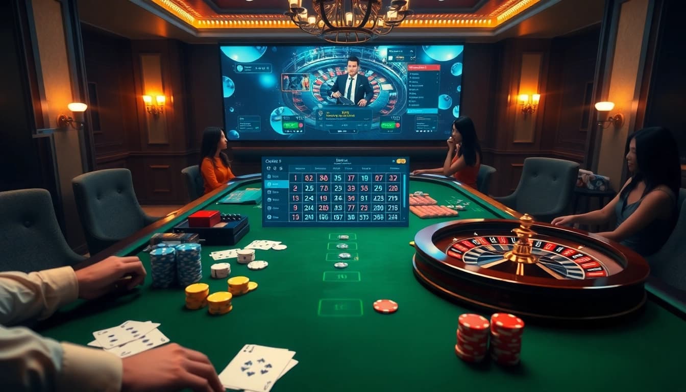 Experience the excitement of Tool xổ số siêu tốc at a vibrant casino table full of cards and chips.