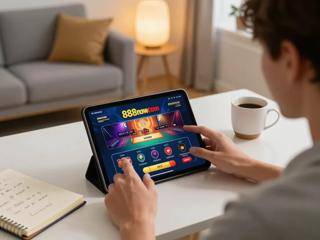 Engaging online gaming scene with a person immersed in 888now com casino games, promoting responsible gaming.