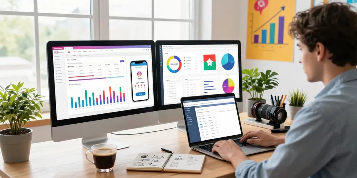 Engaging workspace showing a professional analyzing comprar seguidores instagram seguro metrics on dual monitors, capturing social media success.