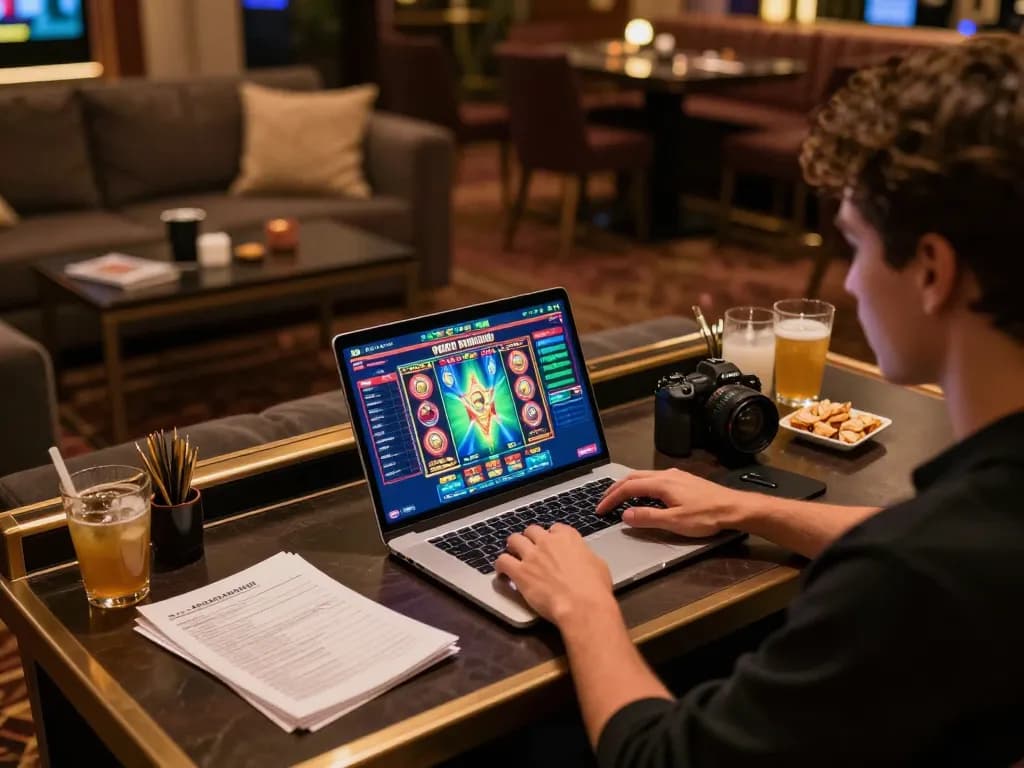 Pemain yang terlibat menikmati perjudian online di rumah menggunakan permainan slot hotelleonardvinci di laptop, menunjukkan gaya hidup modern