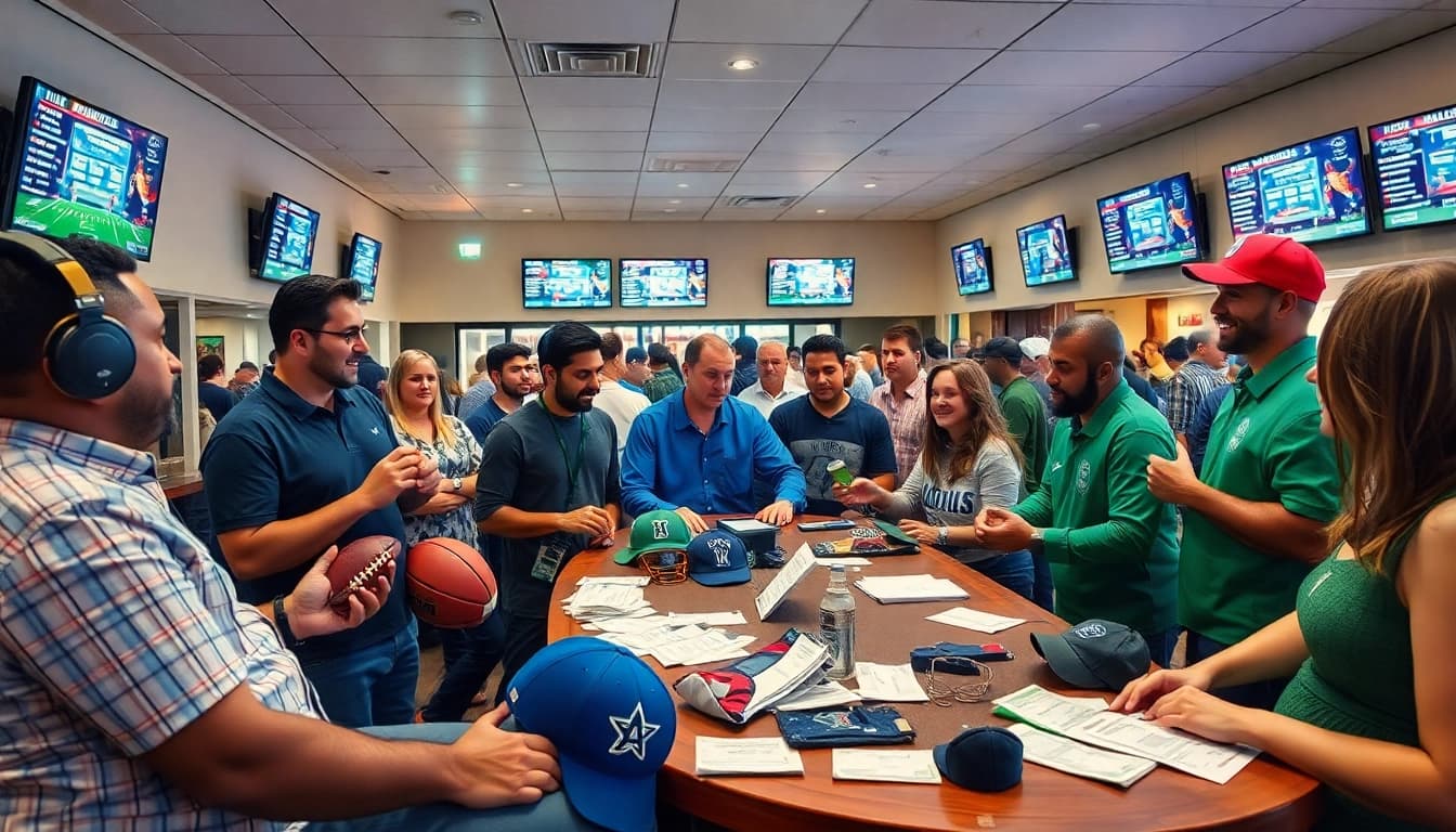 Engaging atmosphere of online sports betting Alabama with people discussing bets in a vibrant lounge.
