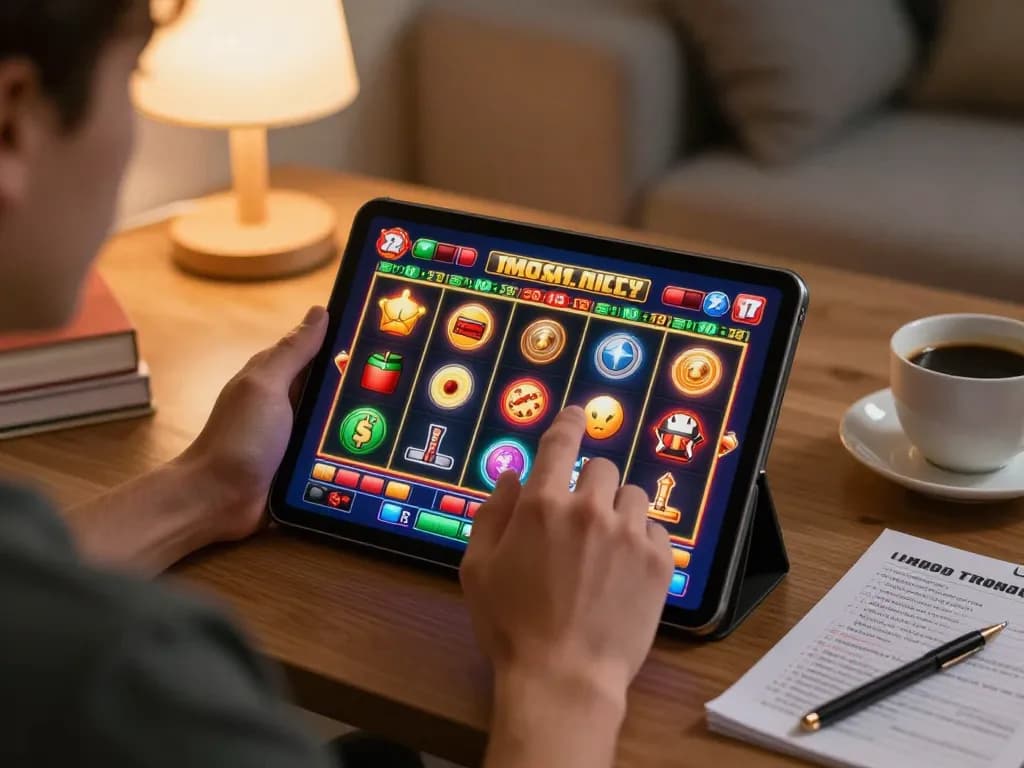 Player enjoying mobile gaming on a tablet with exciting slot graphics, emphasizing giường bệnh nhân.