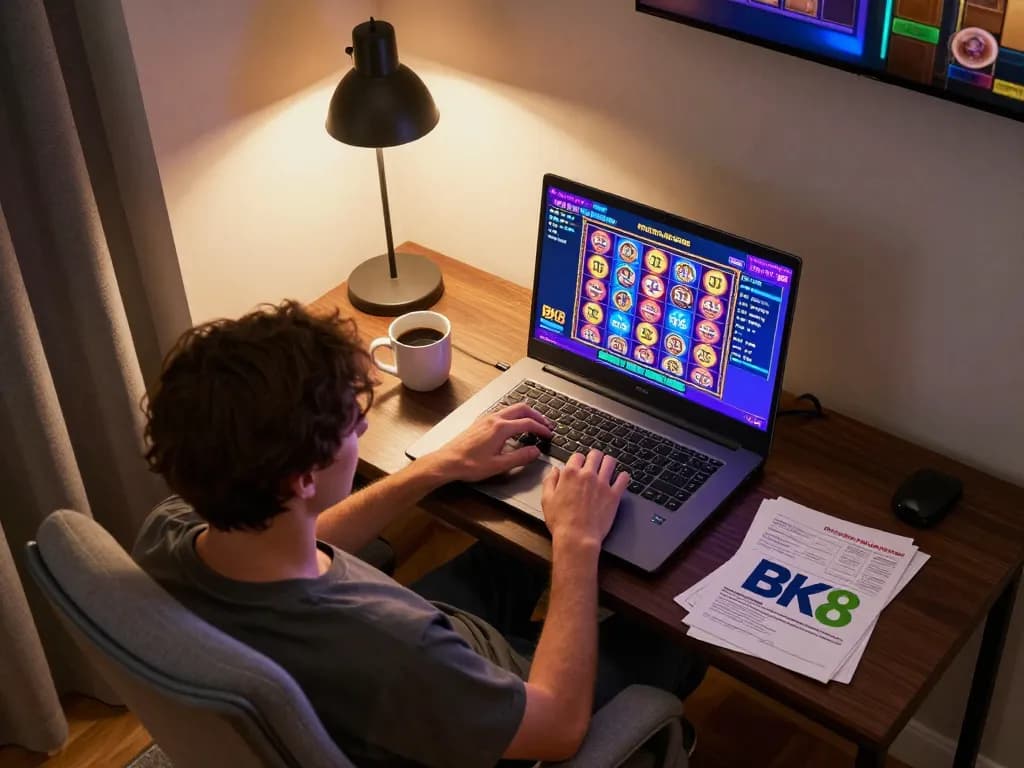 Engaging with BK8 online gaming by placing bets on colorful slot games from a cozy home setup