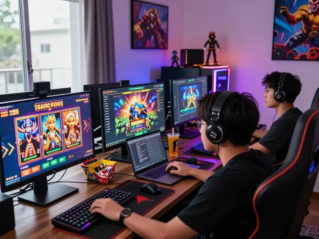 situs slot gacor gaming scene with players engaged at computers and colorful graphics