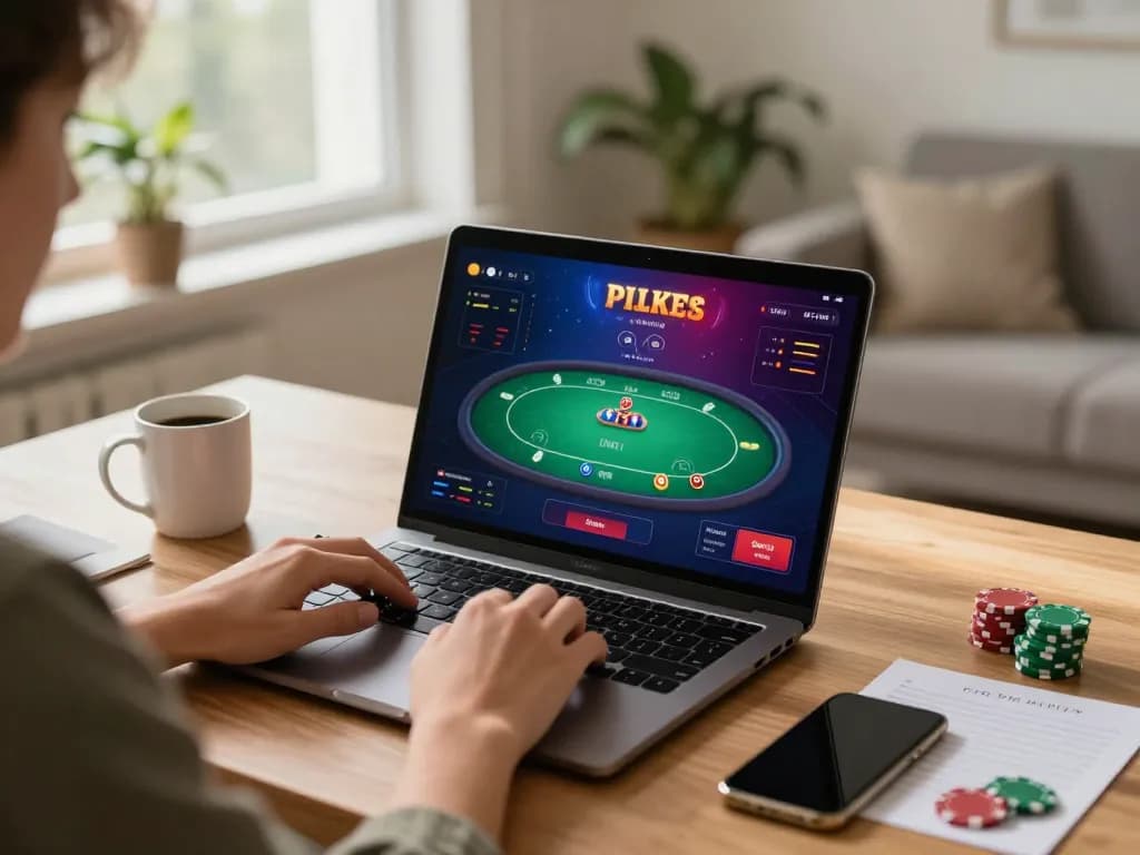 Okwintv user engaged in responsible online gambling at home with laptop and notes