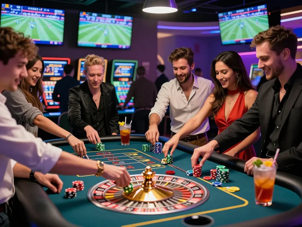 ligasedayu friends enjoying an exciting roulette game in a vibrant casino atmosphere, capturing the thrill of online gambling