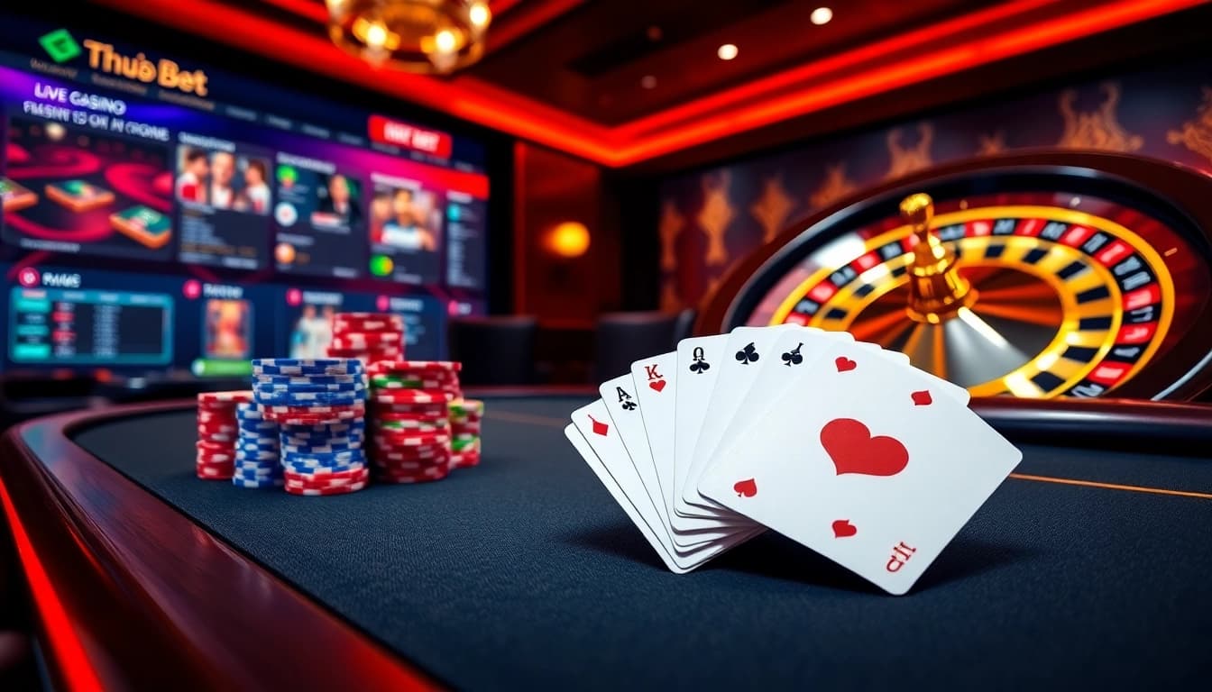 Engaging poker table at thabet77 org with winning hand, vibrant casino atmosphere.