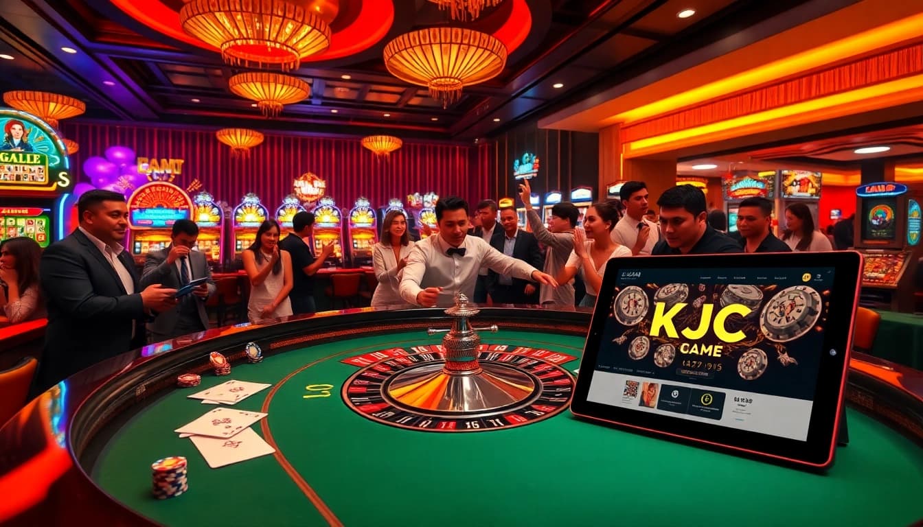 Engaged players enjoying roulette and slot machines on the KJC website interface.