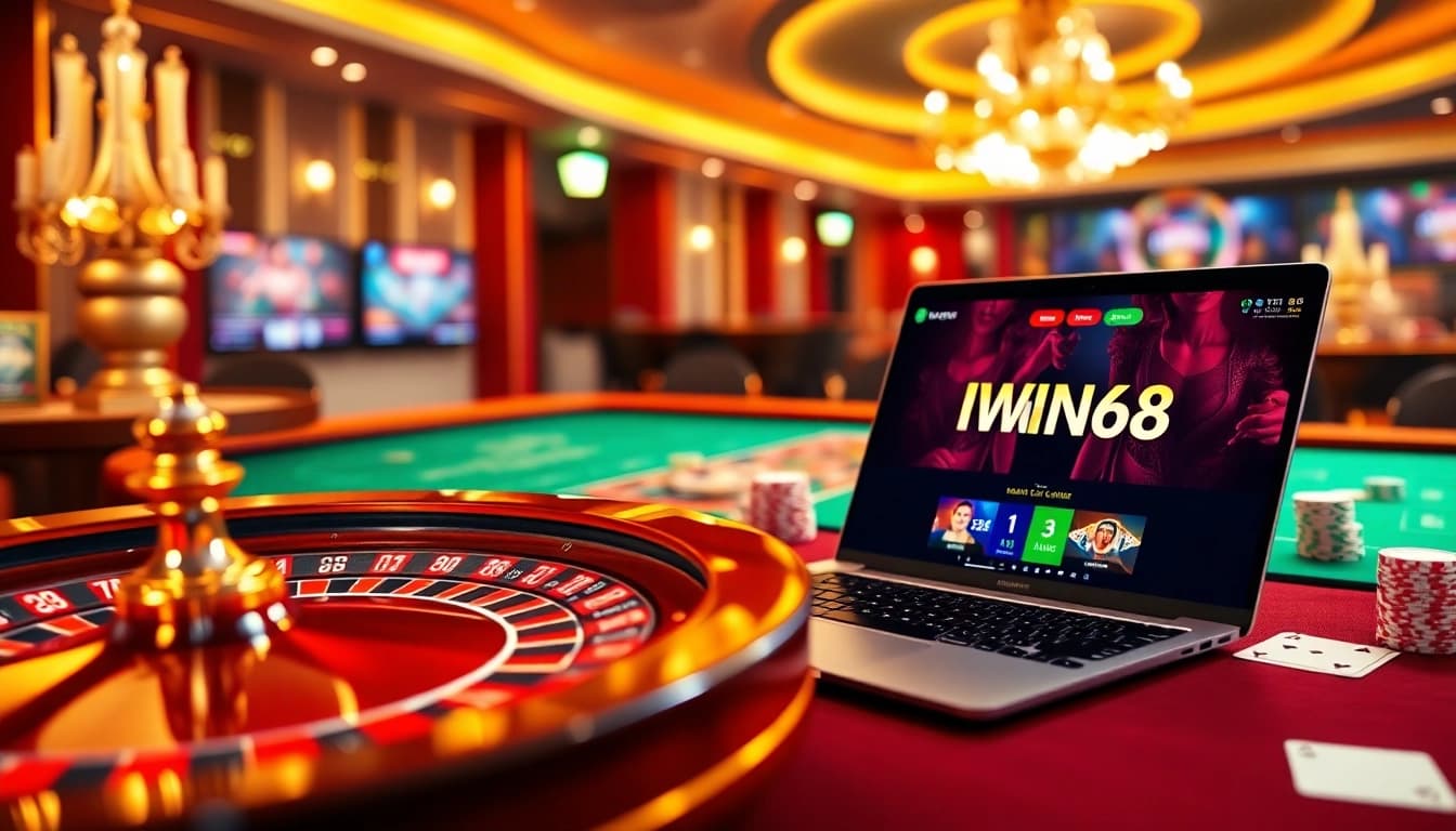 IWIN68's vibrant online casino scene with poker chips, roulette wheel, and a gaming interface.