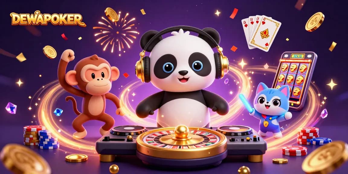 DewaPoker showcases dynamic gaming with a DJ panda and vibrant characters in a casino-themed scene