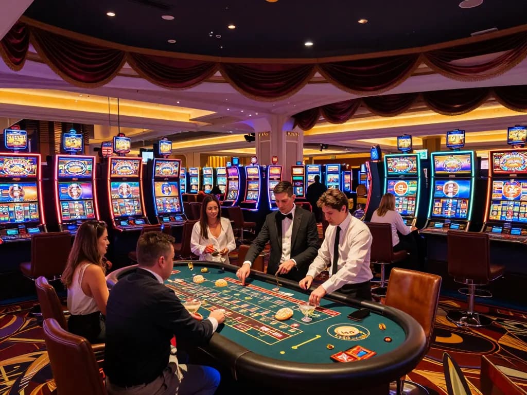 Players enjoying the exciting casino experience at xx88, vibrant slot machines and roulette tables observable.