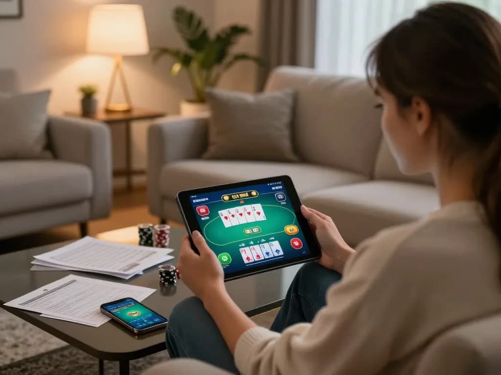 Engaged in online casinos Canada gaming, a player analyzes strategies on a tablet in a cozy living room.