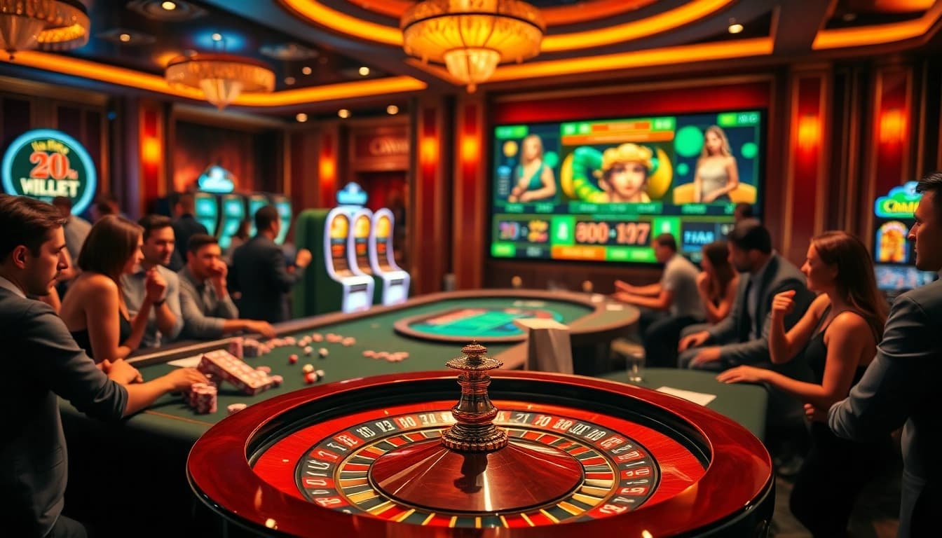 Scène palpitante de casino en ligne mettant en vedette une roue de roulette, des jetons de poker et des joueurs.