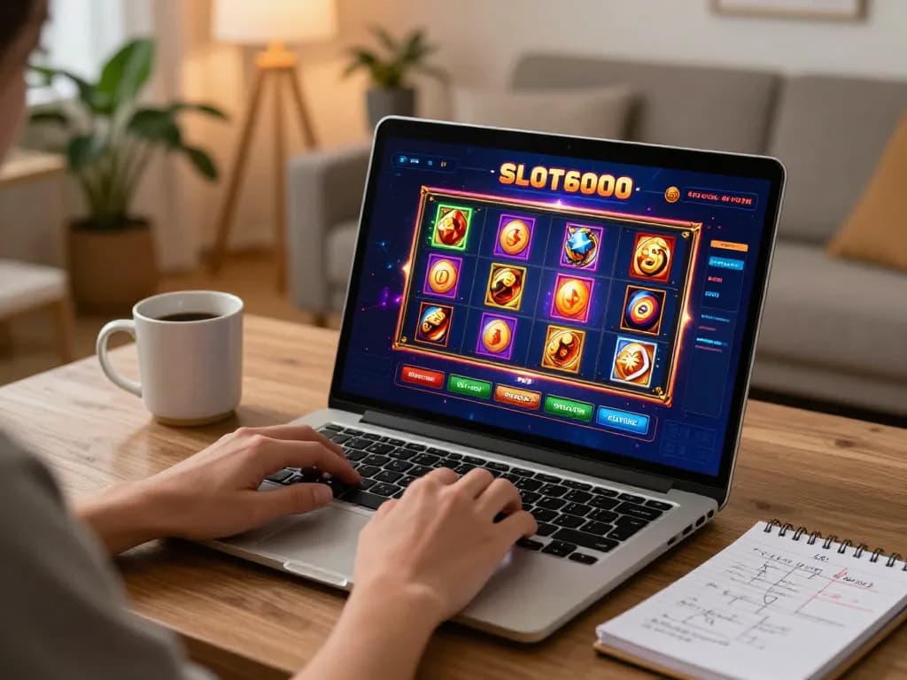 SLOT6000 online gaming scene with a player engaging on a laptop at home