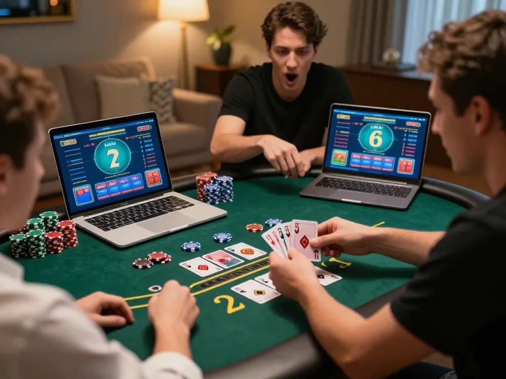 Engaged players enjoying games on https://nk88.autos/ in a lively home setting, showcasing strategic online gambling.