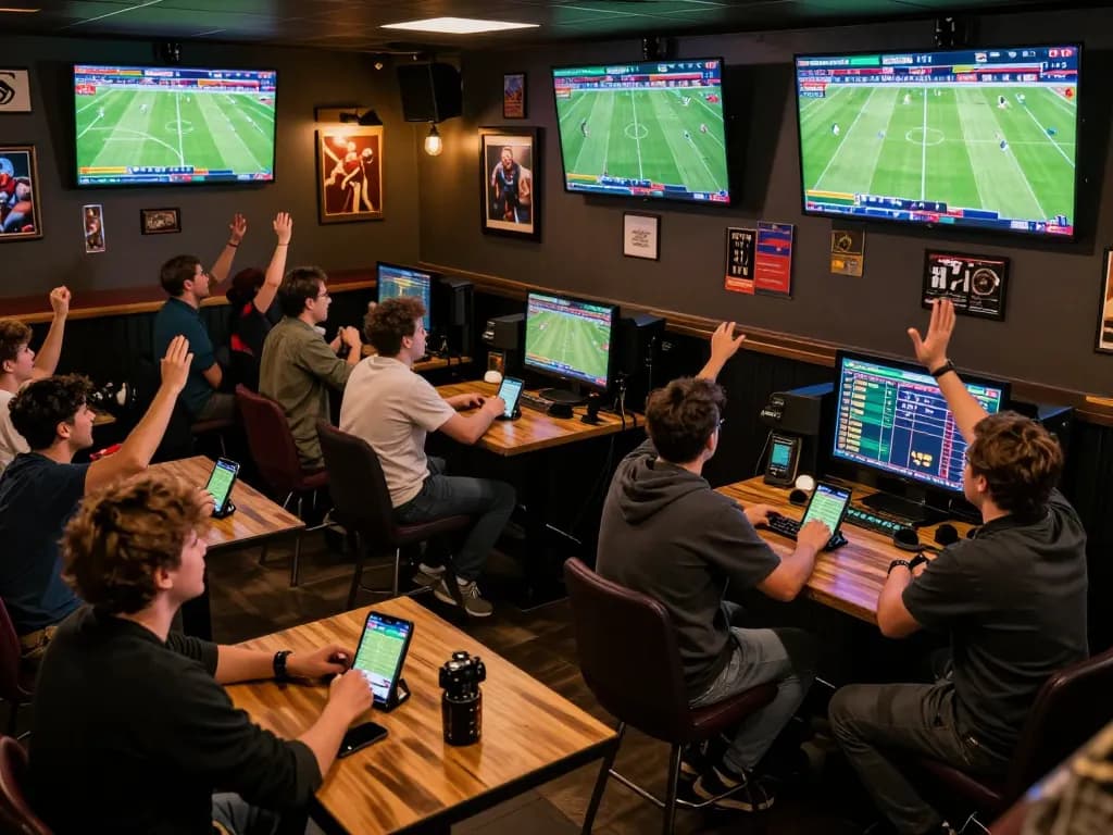 Bettors enjoying a lively sports betting experience on Bongdalu, cheering as they place bets on live matches.