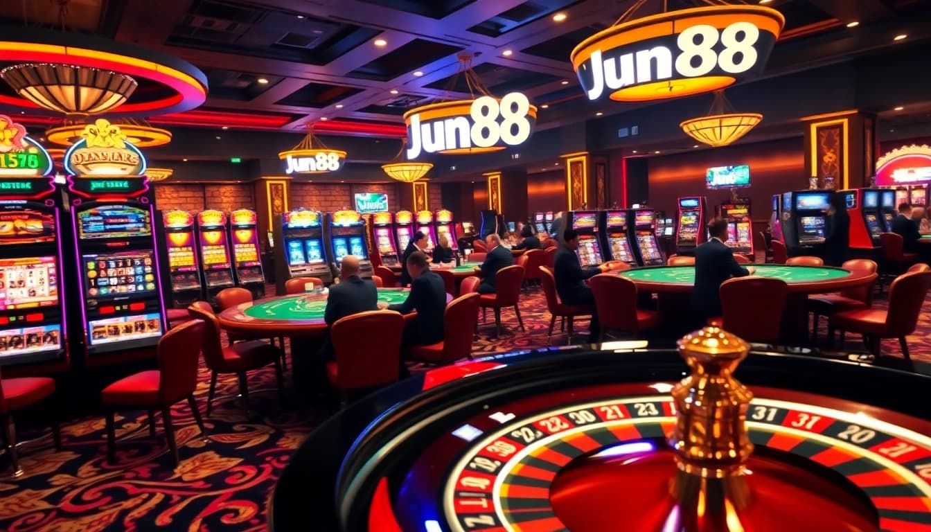 Experience the thrill of Jun88 by playing lively casino games amidst vibrant lights and professional settings.