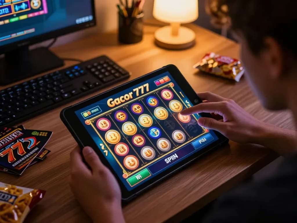 Enjoying a thrilling slot gacor 777 game on a tablet at home, showcasing a cozy and strategic online gaming environment.