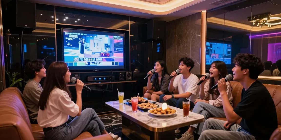 강남가라오케에서 친구들과 함께 노래를 부르며 즐기는 고급스러운 카라오케 룸 모습