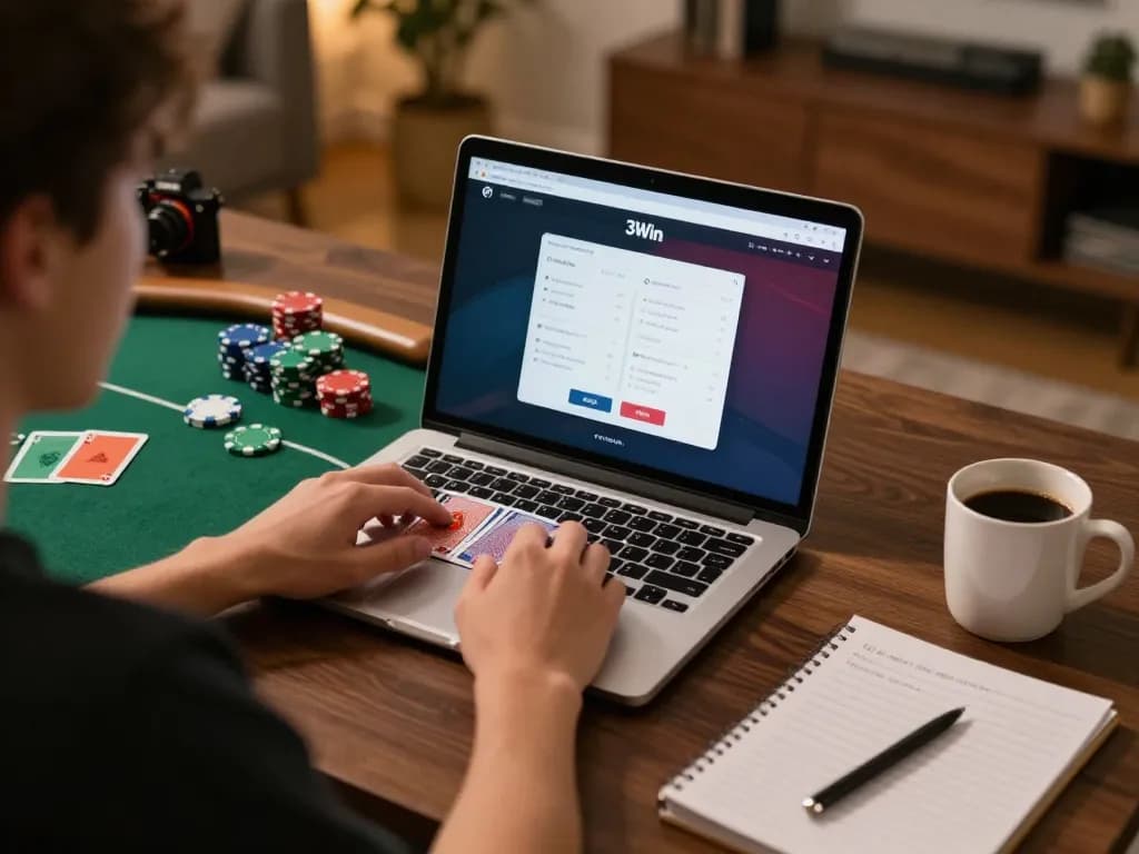 3Win player engaged in strategic online poker game with laptop and game interface.