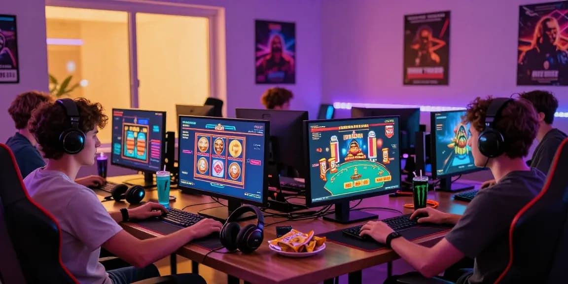 Exciting 789 club gaming session with friends around PC and vibrant neon decor.