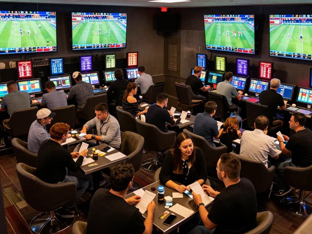 Enthusiastic fans analyzing kqbd scores in a luxury sports betting lounge environment.