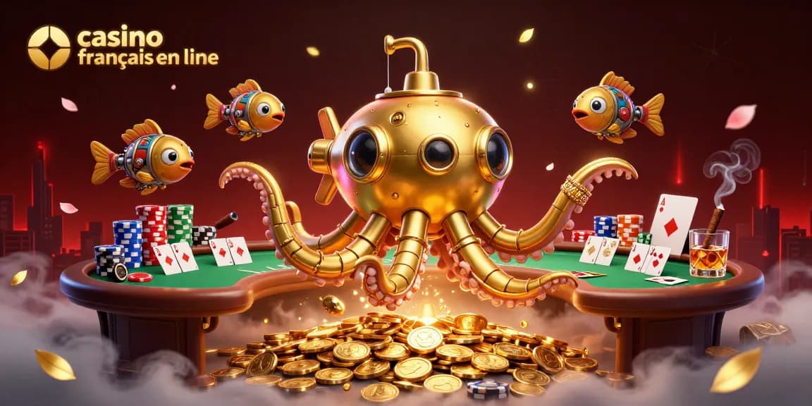 Découvrez l'univers du casino français en ligne avec une illustration captivante d'un kraken en or parmi des pièces.