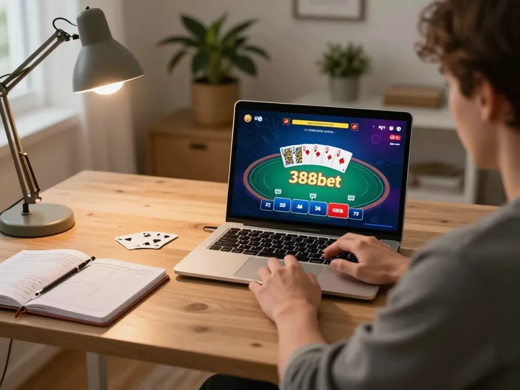 Engage with 388bet's online poker game in a cozy home setup.