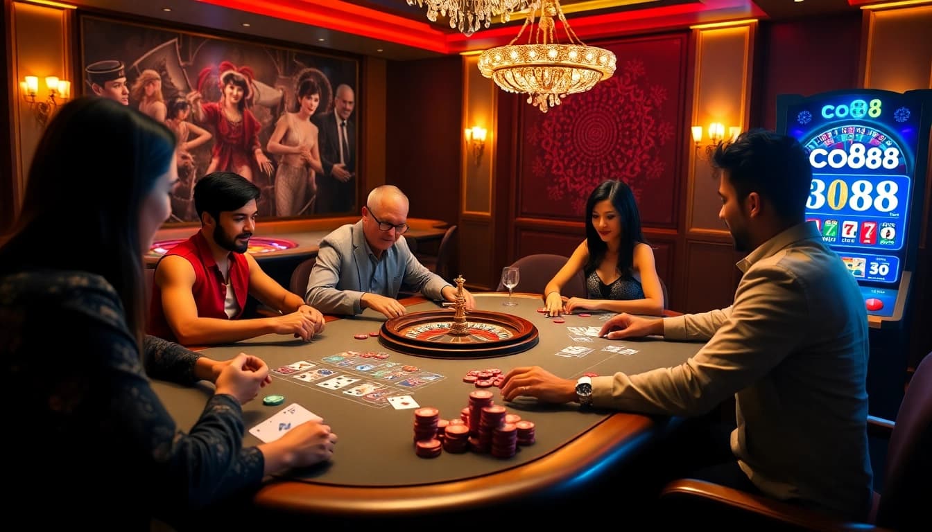 Players enjoying a lively poker game at a casino featuring co88 elements, with poker chips and a roulette wheel.