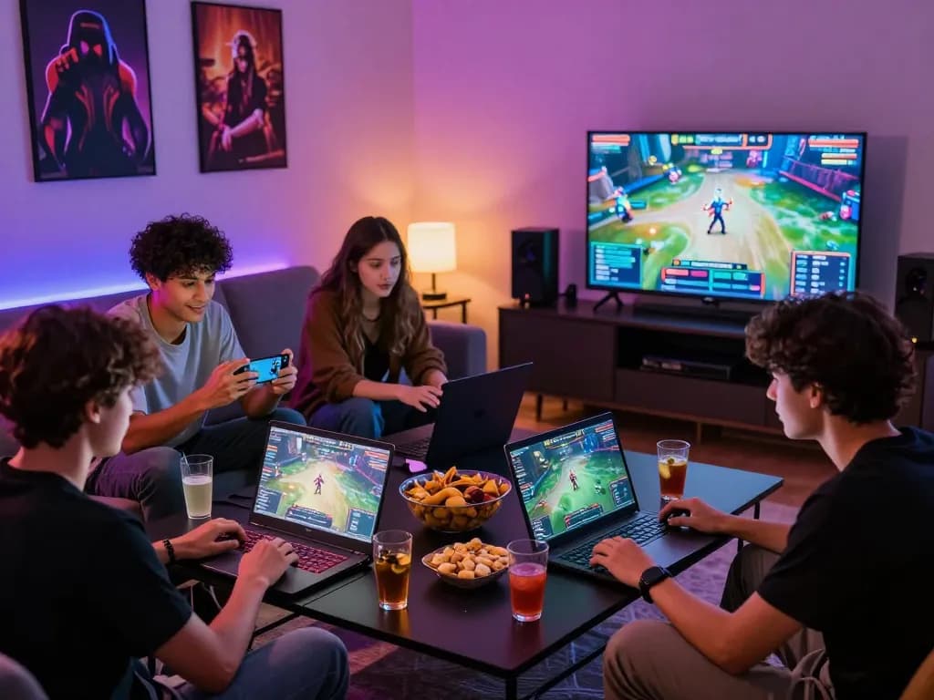 Friends enjoying a thrilling gaming session with ligasedayu in modern living room