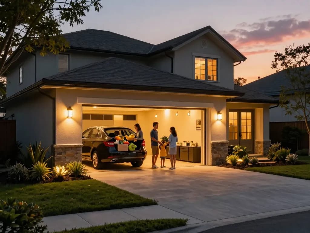 Outdoor garage lights illuminating a charming home at dusk, providing safety and style.
