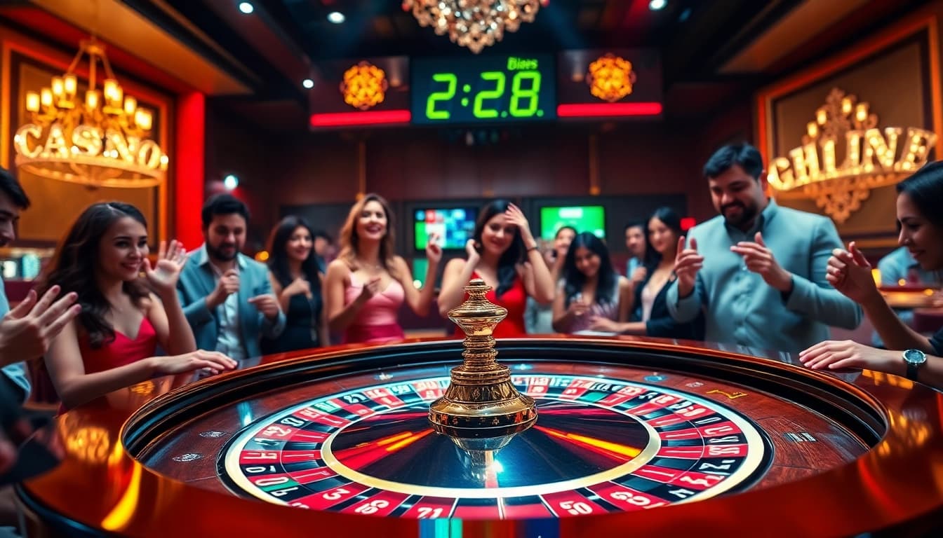 Scène passionnante de casino en ligne avec une table de roulette et des joueurs vibrants s'engageant dans le jeu.