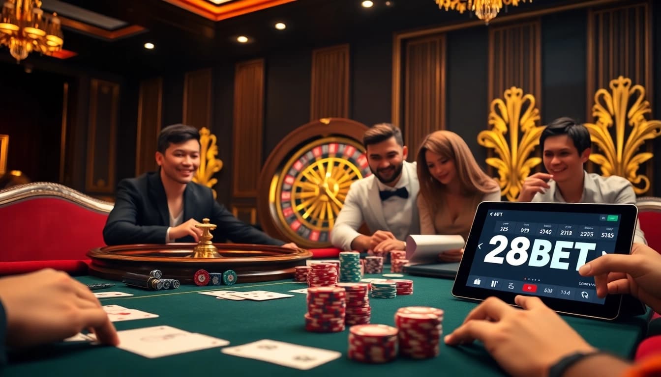 Players engaging in a thrilling poker game at 28BET with vibrant casino elements.