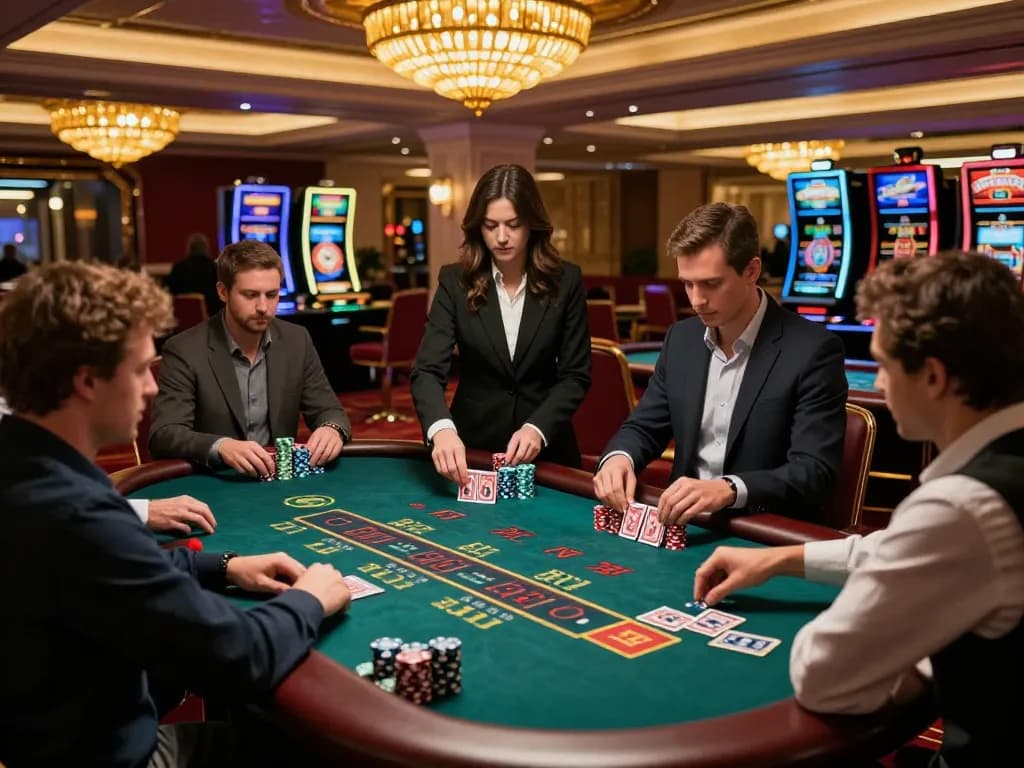 Experience slot gacor excitement at an engaging blackjack table in an upscale casino.