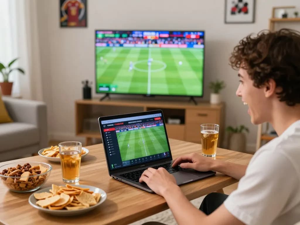 Cakhia TV user placing bets during a live football match from their cozy home setup.