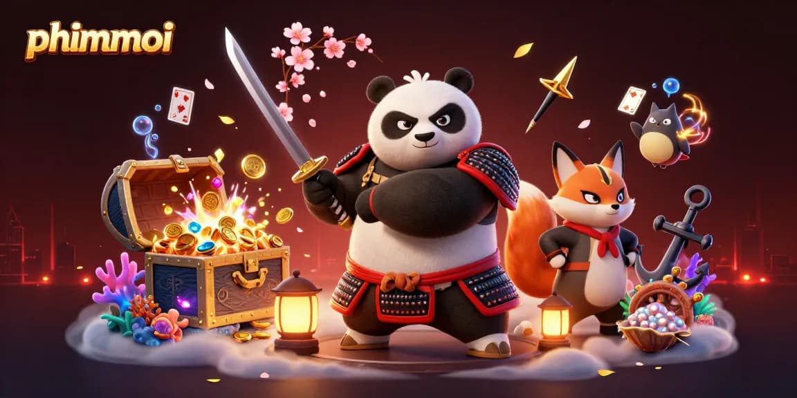 Experience phimmoi's thrilling adventure with a samurai panda and ninja fox in a vibrant casino scene.