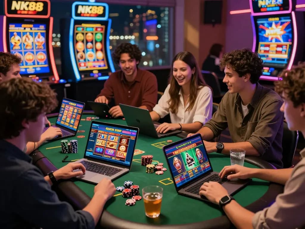 NK88 win excitement with friends as they enjoy diverse online gaming options on laptops and mobile devices.