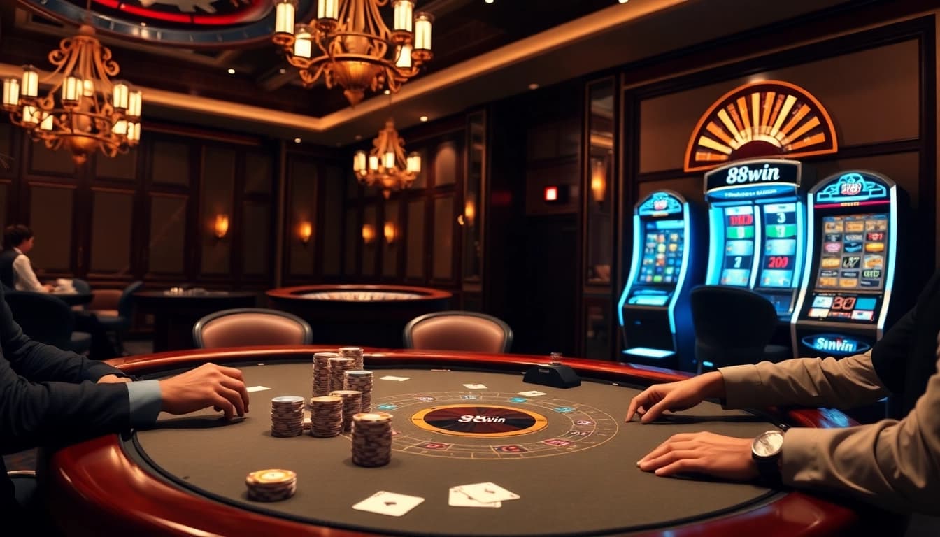 Experience high-stakes gaming at 98win's luxurious poker table with vibrant casino elements.
