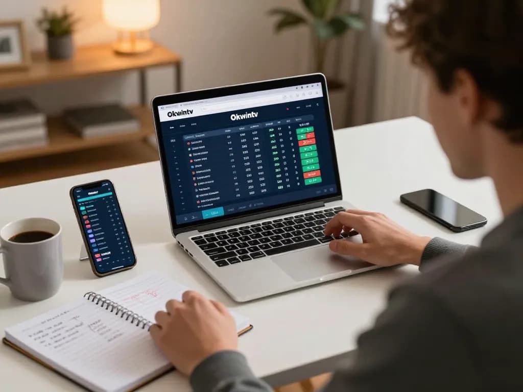 Engaged user analyzing sports odds on Okwintv platform while enjoying home comfort.