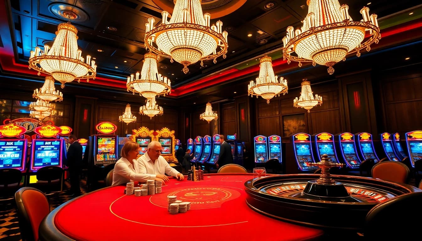 Engage in thrilling keonhacai bets at a luxurious casino, featuring poker, roulette, and vibrant slot machines.