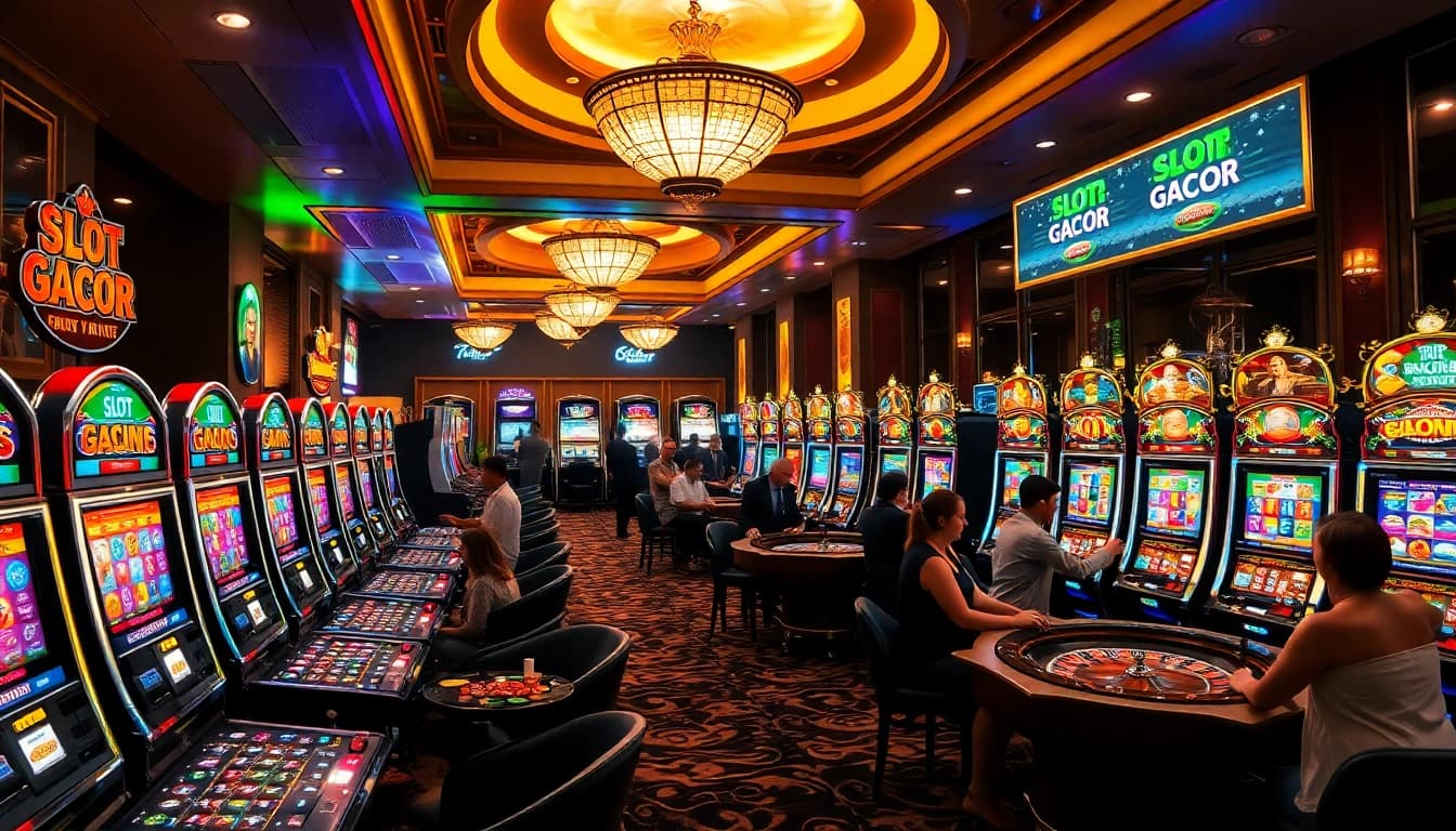 Experience the thrill of SLOT GACOR in a luxurious casino filled with vibrant slot machines and excited players.