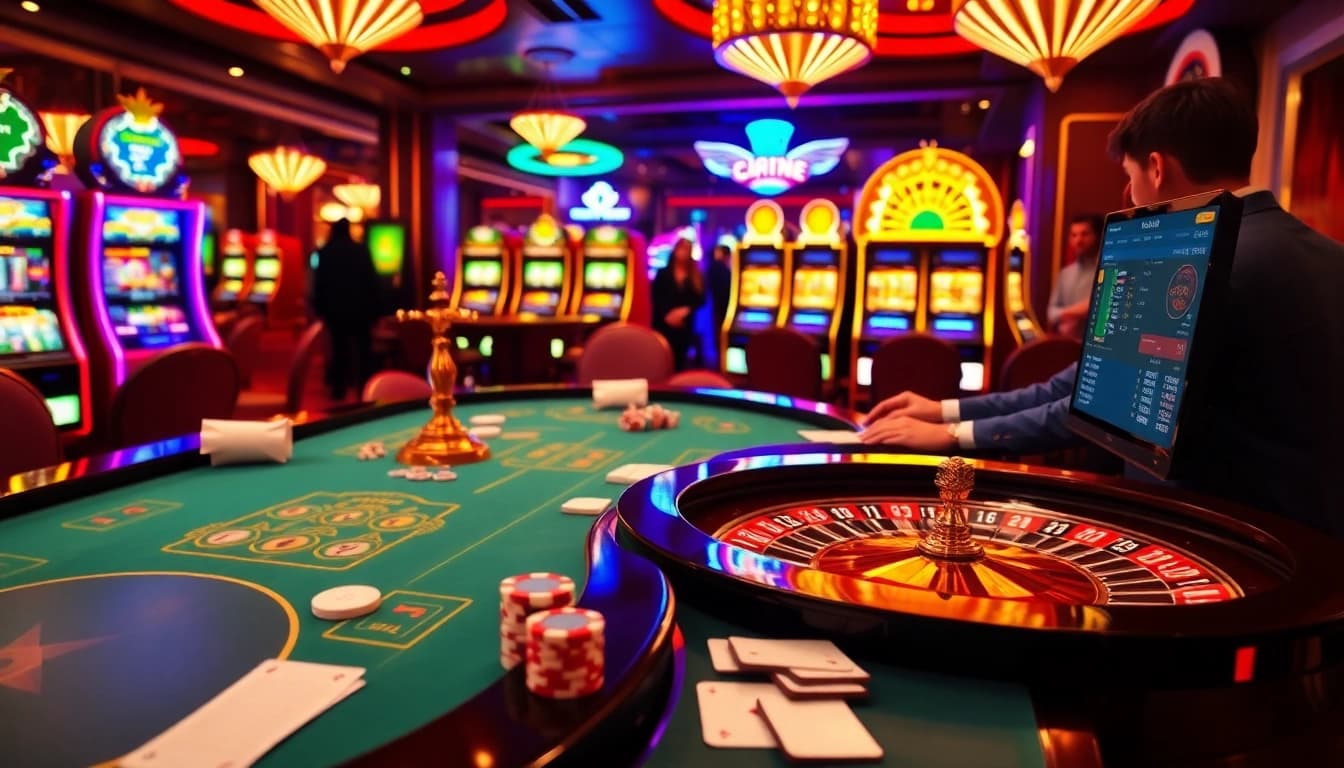 Players enjoying poker at a luxurious casino table, embodying excitement at https://luck882.co.com/.