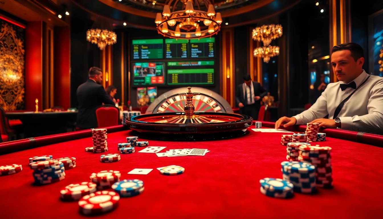 Engage in thrilling gameplay at sc88.archi's luxurious casino tables filled with vibrant poker chips and cards.